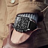 OLREVS 9919 vierkante wijzerplaat chronograaf lichtgevende quartz horloge voor mannen (zwart leer helemaal zwart)