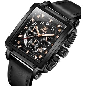OLREVS 9919 vierkante wijzerplaat chronograaf lichtgevende quartz horloge voor mannen (zwart leer helemaal zwart)