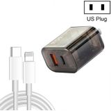 45PQ 45W PD25W + QC3.0 20W USB supersnelle oplader met Type-C naar 8-pins kabel  US-stekker (transparant grijs)