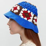 Flower Fisherman Hat Summer Hollow Breathable Knitted Wool Cap  Size: M(Blue)