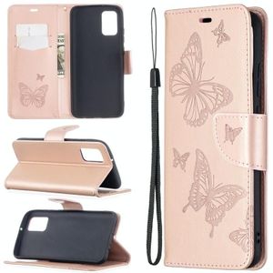Voor Samsung Galaxy A02s (EU-versie) Embossing Two Butterflies Pattern Horizontal Flip PU Leather Case met Holder & Card Slot & Wallet & Lanyard(Rose Gold)