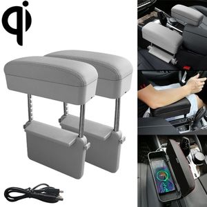 2 PCS Universal Car Wireless Qi Standaard Charger PU Leder Verpakt Armsteun Box Cushion Car Armrest Box Mat met opbergdoos (Grijs)