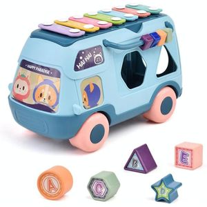Kinderen multifunctionele bus speelgoed met lichte muziek vroeg onderwijs puzzel speelgoed (Blauw)