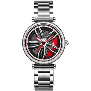 SANDA 1074 3D Hollow Out Wheel Non-rotatable Dial Quartz Watch for Women  Style:Steel Belt(Silver Red)