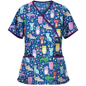 Gedrukte V-hals Mid-Length Nurse Uniform T-shirt (kleur: Blauw Maat: XXL)