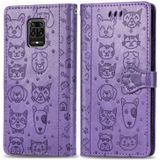 Voor Xiaomi Redmi Note 9S/Note 9 Pro/Note 9 Pro Cute Cat and Dog Embossed Horizontal Flip Leather Case with Bracket / Card Slot / Wallet / Lanyard(Purple)