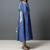Zomer Ronde Hals Solid Color Ramie Veters losse jurk voor vrouwen (kleur: blauwe maat: L)