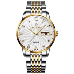 BINBOND B3034 Diamond 30m waterdicht zakelijk horloge mannen vlinder gesp lichtgevende quartz horloge (Inter-goud-wit)