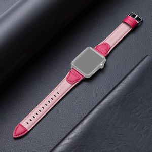Splicing koeienhuid lederen vervangende band horlogeband voor Apple Watch Series 6 & SE & 5 & 4 44mm / 3 & 2 & 1 42mm (Rose rood)