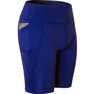 High Elastic Medium High Waist Fitness Oefening Snel drogend zweet Wicking strakke shorts met pocket (kleur: blauwe maat: l)