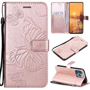 3D Butterfly Embossed Pattern Horizontal Flip Leather Case with Holder & Card Slot & Wallet & Lanyard For iPhone 13 Pro(Rose Gold)