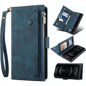 Voor Samsung Galaxy S22 5G Retro Frosted Horizontale Flip Lederen Telefoonhoesje Met Houder & Card Slot & Portemonnee & Rits Pocket & Lanyard (Blauw)