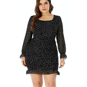 Vrouwen groot formaat polka dot chiffon ruches lange mouw jurk (kleur: zwart maat: XL)
