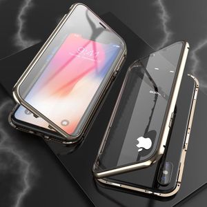 Voor iPhone XS Max Ultra Slim Dubbele zijkanten Magnetische Adsorption Hoekige Frame Tempered Glass Magnet Flip Case (Brons)