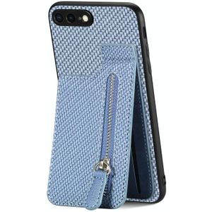 Voor iPhone 7 Plus / 8 Plus Koolstofvezel Verticale Flip Rits Telefoon Case(Blauw)