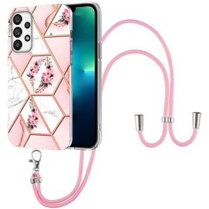 For Samsung Galaxy A73 5G Splicing Marble Flower Pattern TPU Phone Case with Lanyard(Pink Flower)