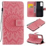 Voor Huawei Honor X10 Geperst afdrukken Zonnebloempatroon Horizontaal Flip PU Lederen Kast Houder & Kaartslots & Wallet & Lanyard(Roze)