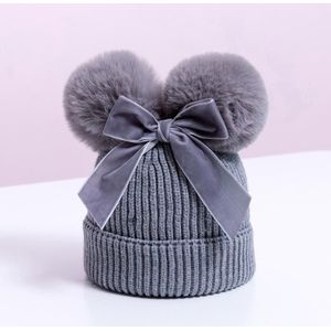 MZ7153 Double Wool Ball Bowknot Kinderen Gebreide hoed met katoenen warme babyhoed  grootte: ongeveer 6-36 maanden (grijs)