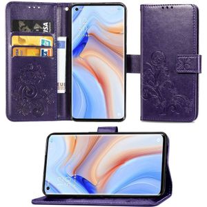 Voor OPPO Reno4 Pro Vierbladige gesp relif gesp horizontale flip tpu + PU lederen kast met Lanyard & Card Slot & Wallet & Holder(Paars)