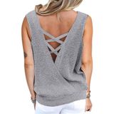 Effen kleur diepe v-hals backless gebreide vest t-shirt voor dames (kleur: grijs formaat: m)