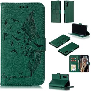 Feather patroon Litchi textuur horizontale Flip lederen draagtas met portemonnee & houder & kaartsleuven voor Galaxy Note 10 (groen)