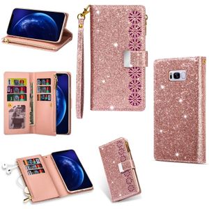 Voor Samsung Galaxy S8+ Multi-card Slots Starry Sky Laser Carving Glitter Zipper Horizontale Flip Lederen Case met Holder & Wallet & Lanyard(Rose Gold)