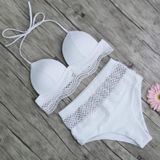 2 PCS Dames Sexy Ruffled Lace Halter Bikini Split Push Up Badpak  Maat: S (White Low Waist)