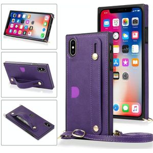 Voor iPhone XS Max Polsband PU+TPU Schokbestendige beschermhoes met Crossbody Lanyard & Holder & Card Slot(Paars)