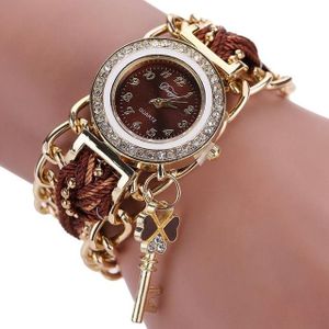 Vrouwen ronde Dial Diamond gevlochten hand strap quartz horloge met sleutelhanger (bruin)