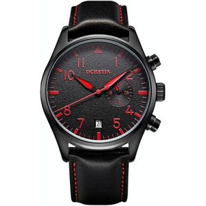 Ochstin 5043C multifunctionele zakelijke waterdichte lederen band quartz horloge (zwart + zwart + rood)