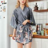 Womens Summer Print Kimono Robe Satin Lace Gown Fashion Sleepwear  Size:XXL(Grijs)