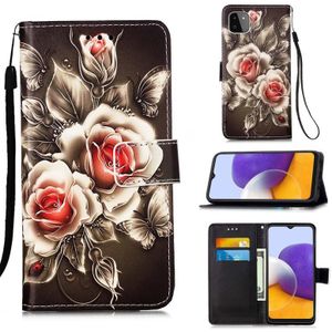 Voor Samsung Galaxy A22 5G (Amerikaanse versie) Gekleurde tekening patroon effen weefsel horizontale flip lederen geval met houder en kaartsleuf & portemonnee &lanyard (rozen op zwart)