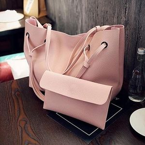 2 in 1 zachte lederen vrouwen tas set luxe Fashion Design schoudertassen grote casual tassen handtas (roze)