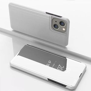 Voor iPhone 15 vergulde spiegel horizontale flip lederen telefoonhoes met houder