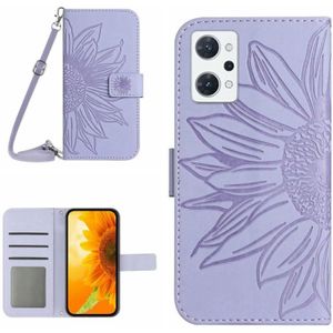 Voor OPPO Reno7 A Japan Edition Skin Feel Sun Flower Pattern Flip Leather Phone Case met Lanyard (Paars)