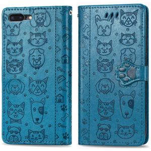 Voor iPhone 8Plus/7Plus Cute Cat en Dog Embossed Horizontale Flip PU Lederen Case met houder / kaartsleuf / Portemonnee / Lanyard(Blauw)