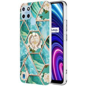 Voor Oppo Realme C21y splitsen marmeren bloempatroon TPU ringhouder (blauwe bloem)