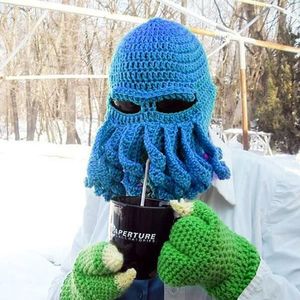 Amurleopard Unisex Barbarian gebreide muts Octopus tentakel Cap Winter Warm gezicht masker gehaakte Hat(Blue)