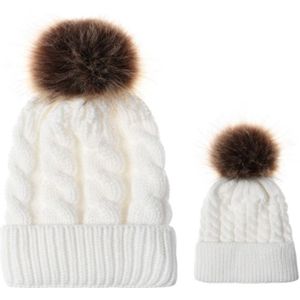 2 in 1 herfst en winter ouder-kind hoed set warme twist textuur gebreide muts met wol bal  grootte: ouder-kind (wit)