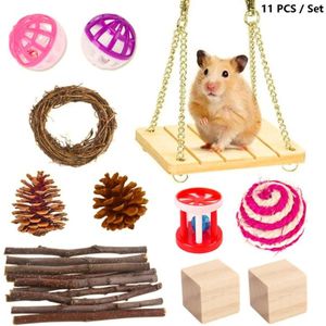 11 stks / set hamster speelgoed huisdier konijn cavia papegaai spelen slijpen hout speelgoed