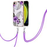 Electroplating Pattern IMD TPU Schokbestendig Case met Neck Lanyard voor iPhone SE 2020 / 8/7 (Purple Flower)