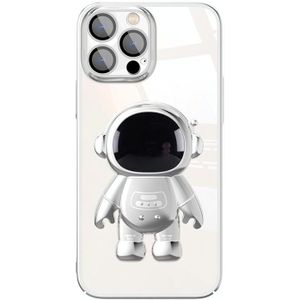 Voor iPhone 14 Pro Galvaniseren PC Astronaut Houder Telefoon Case met Lens Film (Zilver)