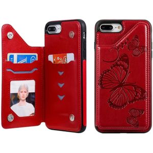 Voor iPhone 8 Plus & 7 Plus Butterfly Embossing Pattern Shockproof Protective Case met Holder & Card Slots & Photo Frame(Red)