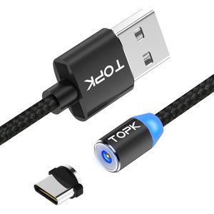 TOPK 2m 2.4A Max USB naar USB-C / Type-C Nylon gevlochten magnetische oplaadkabel met LED-Indicator (zwart)