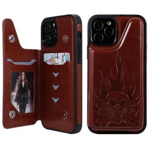 Skull Head Embossing Pattern Shockproof Protective Case met Holder & Card Slots & Wallet Voor iPhone 12 / 12 Pro(Bruin)