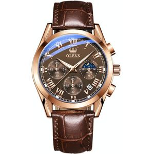 OLEVS 2871 heren multifunctioneel sportchronograaf lichtgevend quartz horloge (koffie + rosgoud)