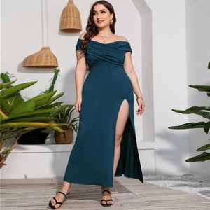 Plus Size Hoge Taille Split Sexy Lange Avondjurk (kleur: Peacock Blue Size: XXXL)