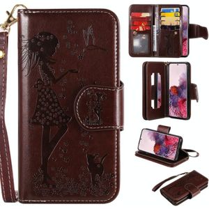 Voor Samsung Galaxy S20 Woman en Cat Embossed Horizontal Flip Leather Case  met Card Slots & Holder & Wallet & Photo Frame & Mirror & Lanyard(Brown)