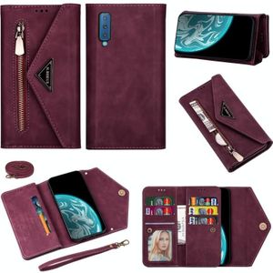 Voor Samsung Galaxy A7 (2018) / A750 Skin Feel Zipper Horizontale Flip Lederen case met Holder & Card Slots & Photo Frame & Lanyard & Long Rope(Wine Red)