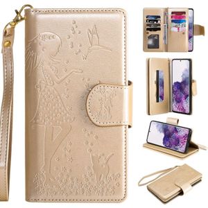 Voor Samsung Galaxy S20+ Woman en Cat Embossed Horizontal Flip Leather Case  met Card Slots & Holder & Wallet & Photo Frame & Mirror & Lanyard(Gold)